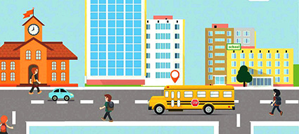 Cartoon school bus in a city